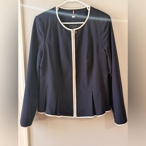 Elegant Tommy Hilfiger Navy Blue Women's Jacket with White Trim, Flared Bottom